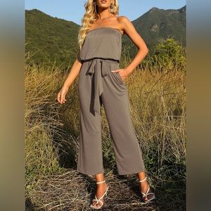 New Casual Off Shoulder Strapless Belted Wide Leg Jumpsuit Romper women’s ZESICA